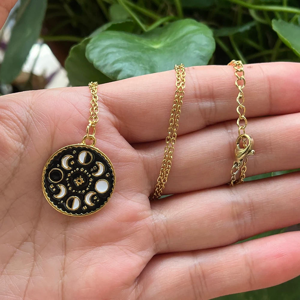 Black Enamel Moon Phase Necklace