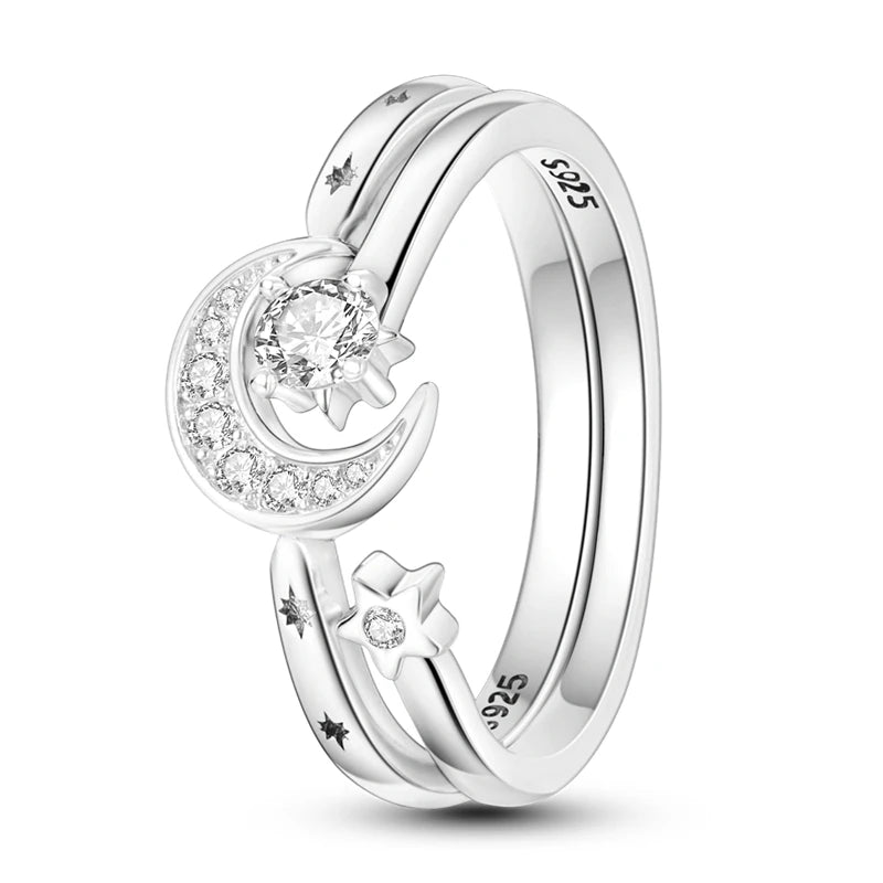 925 Sterling Silver Star Moon Closed Ring