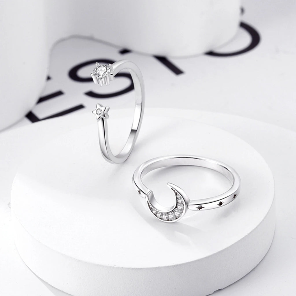 925 Sterling Silver Star Moon Closed Ring